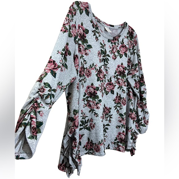 💥2/$15 Terra & Sky grey pink green brown floral ruffle trim long sleeve top 2X - Picture 2 of 11